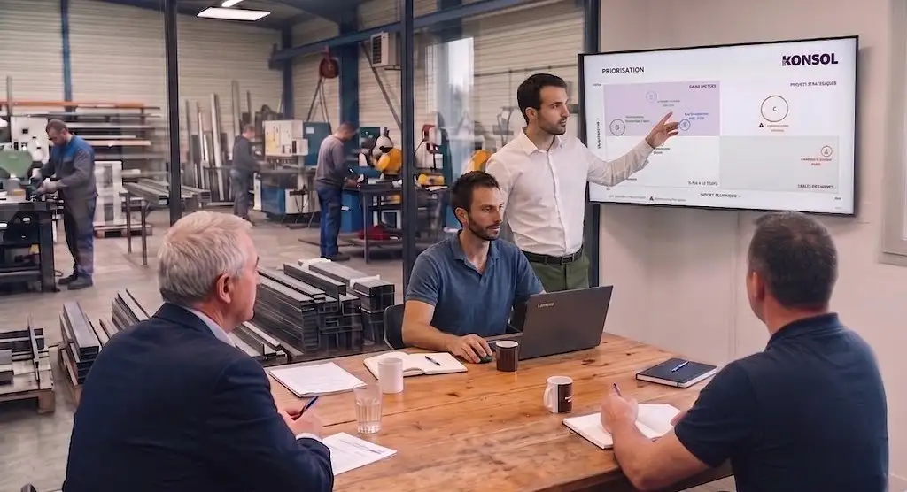 Une réunion de pilotage dans un atelier industriel : à l'écran, une matrice Konsol qui classe les chantiers par gain et par effort ; trois personnes autour de la table prennent des notes, l'atelier travaille derrière la vitre.